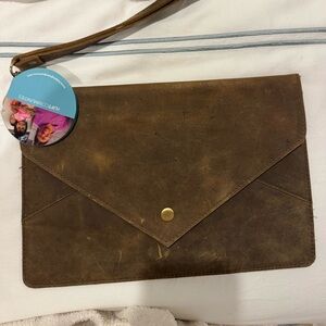 Brown Leather Envelope Wristlet Clutch